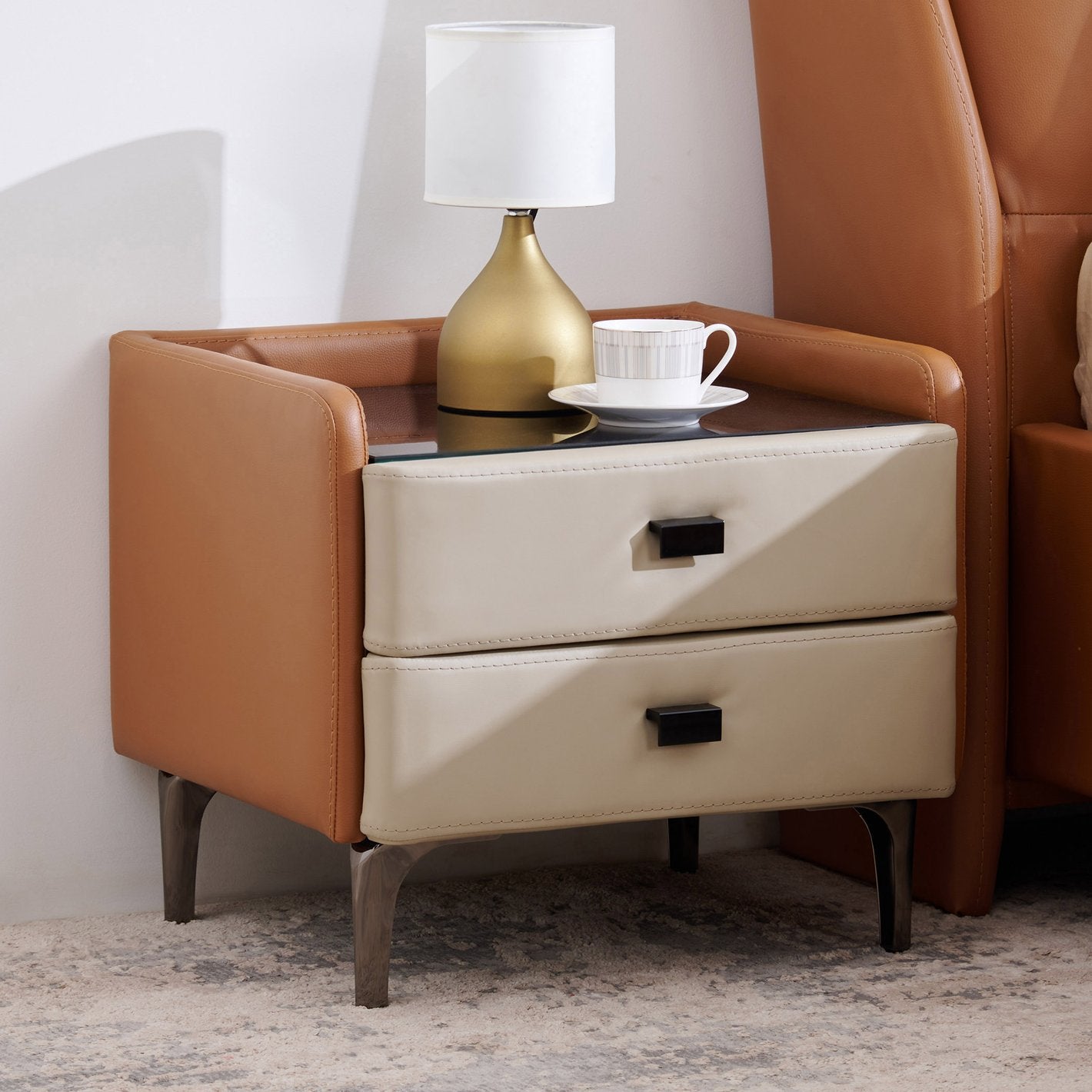 Oslo Beige Leather Bedside Table