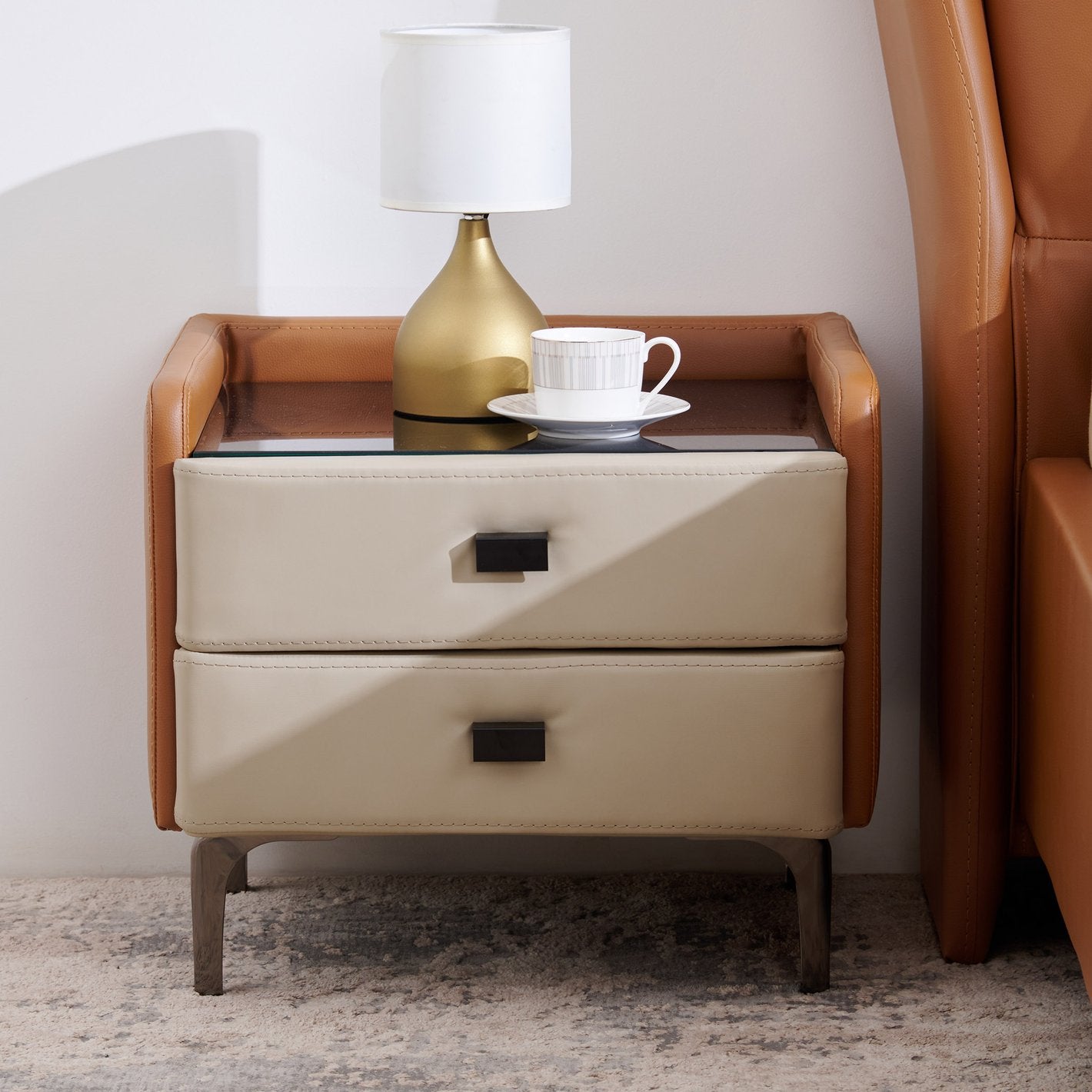 Oslo Beige Leather Bedside Table