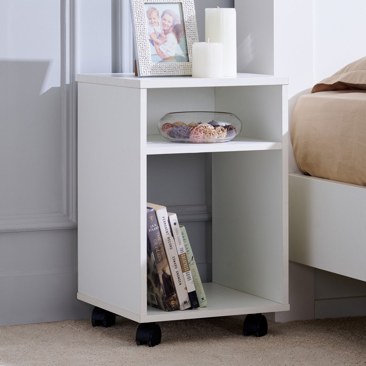 Nova White Rolling Bedside Table