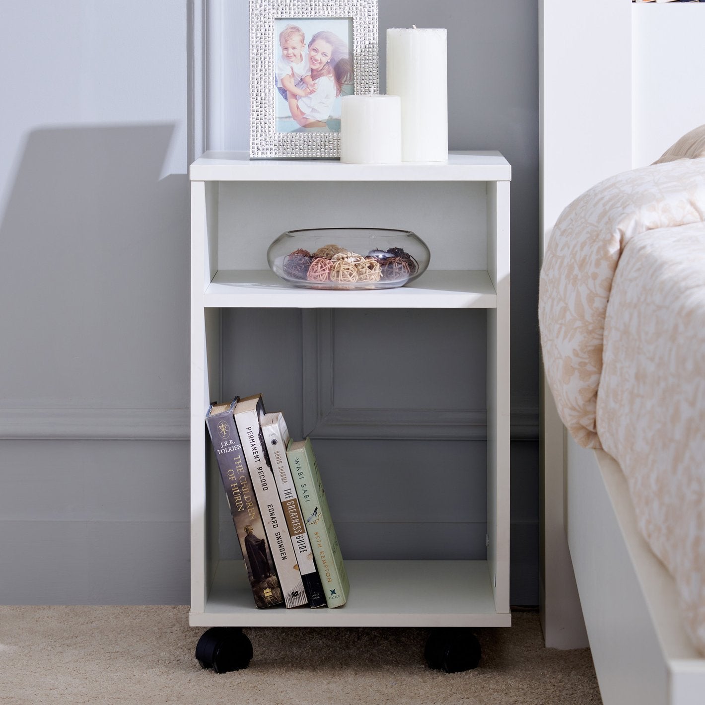 Nova White Rolling Bedside Table
