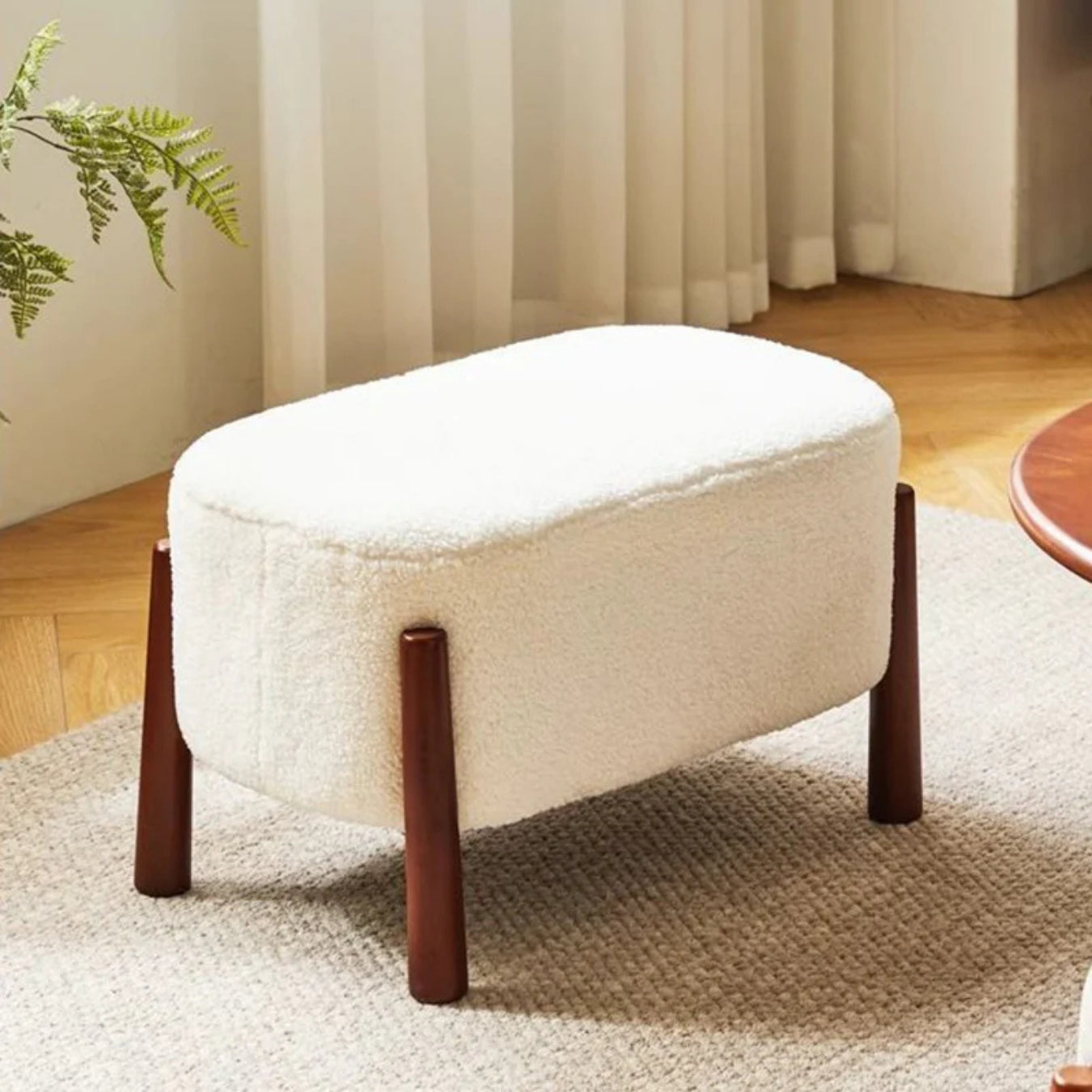 Luna White Bouclé Bench Ottoman with Wooden Legs for Bedroom & Lounge