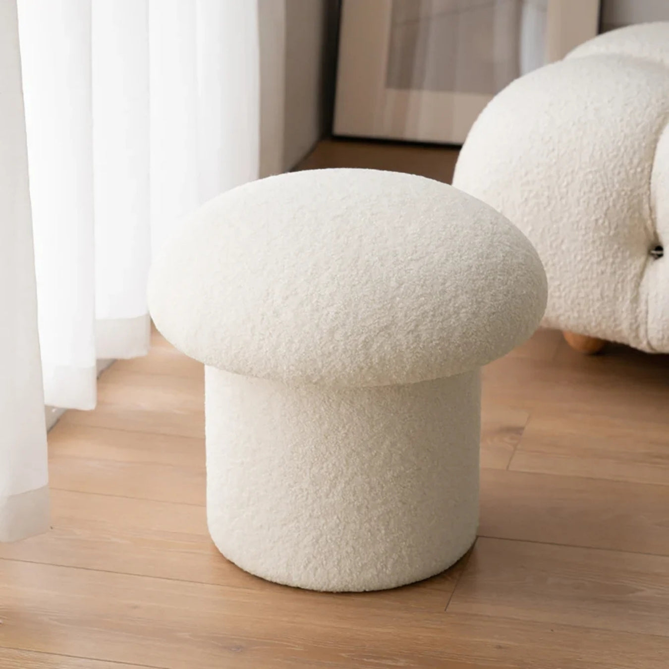 Mushroom Style Round Bouclé Ottoman Stool for Living Room & Bedroom