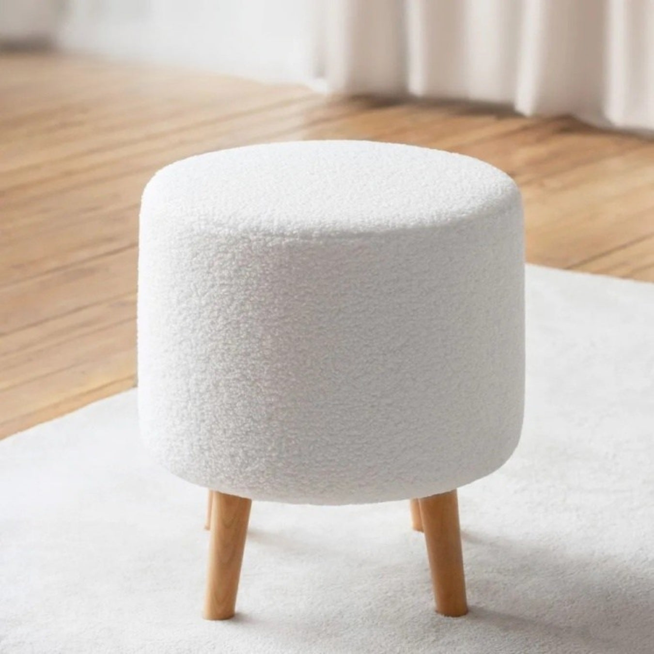 Aura Bouclé Fabric Ottoman Stool with Wooden Legs