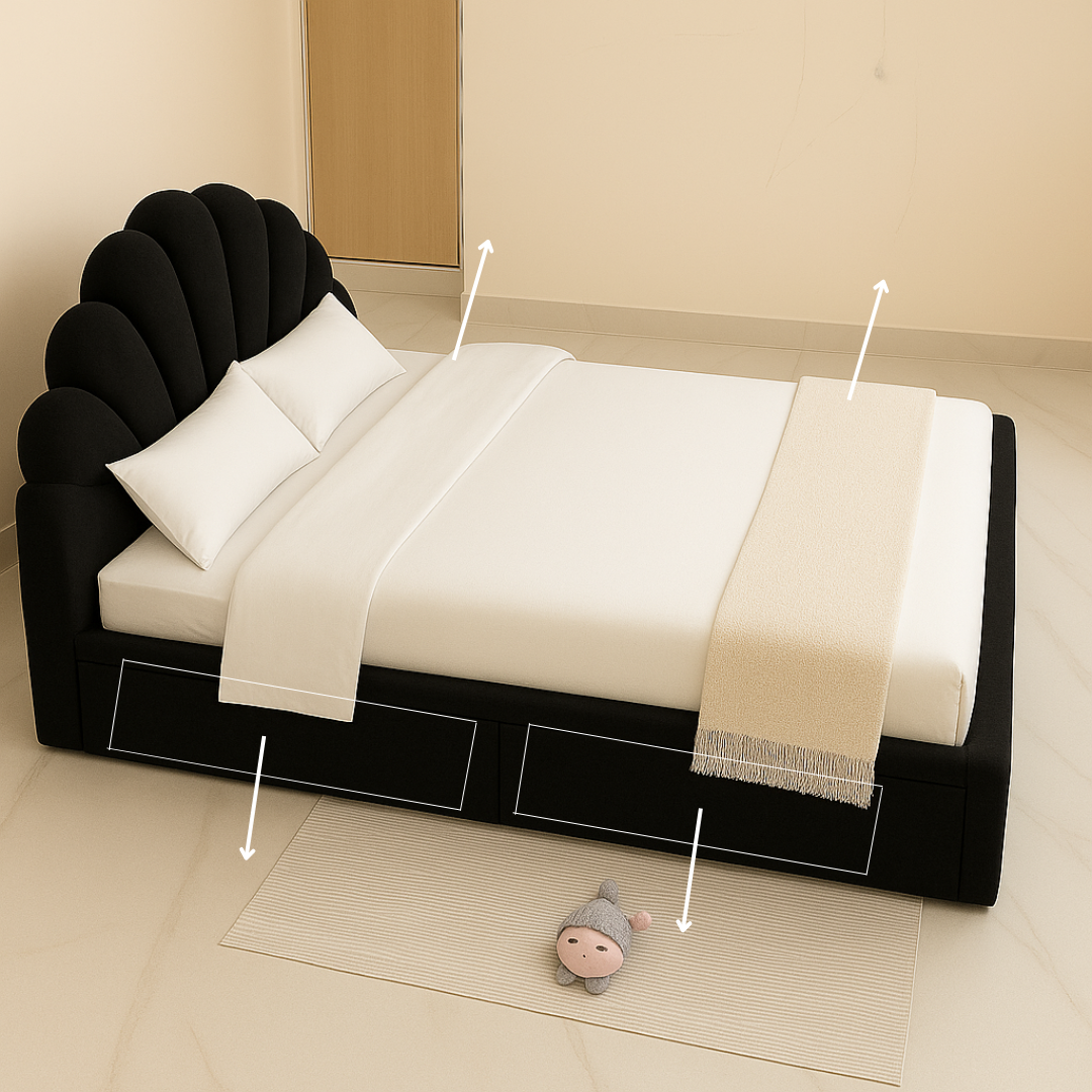 Modern black bed with white bedding