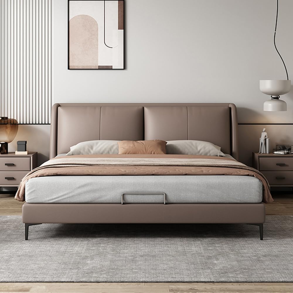 Modern bedroom with a beige upholstered bed