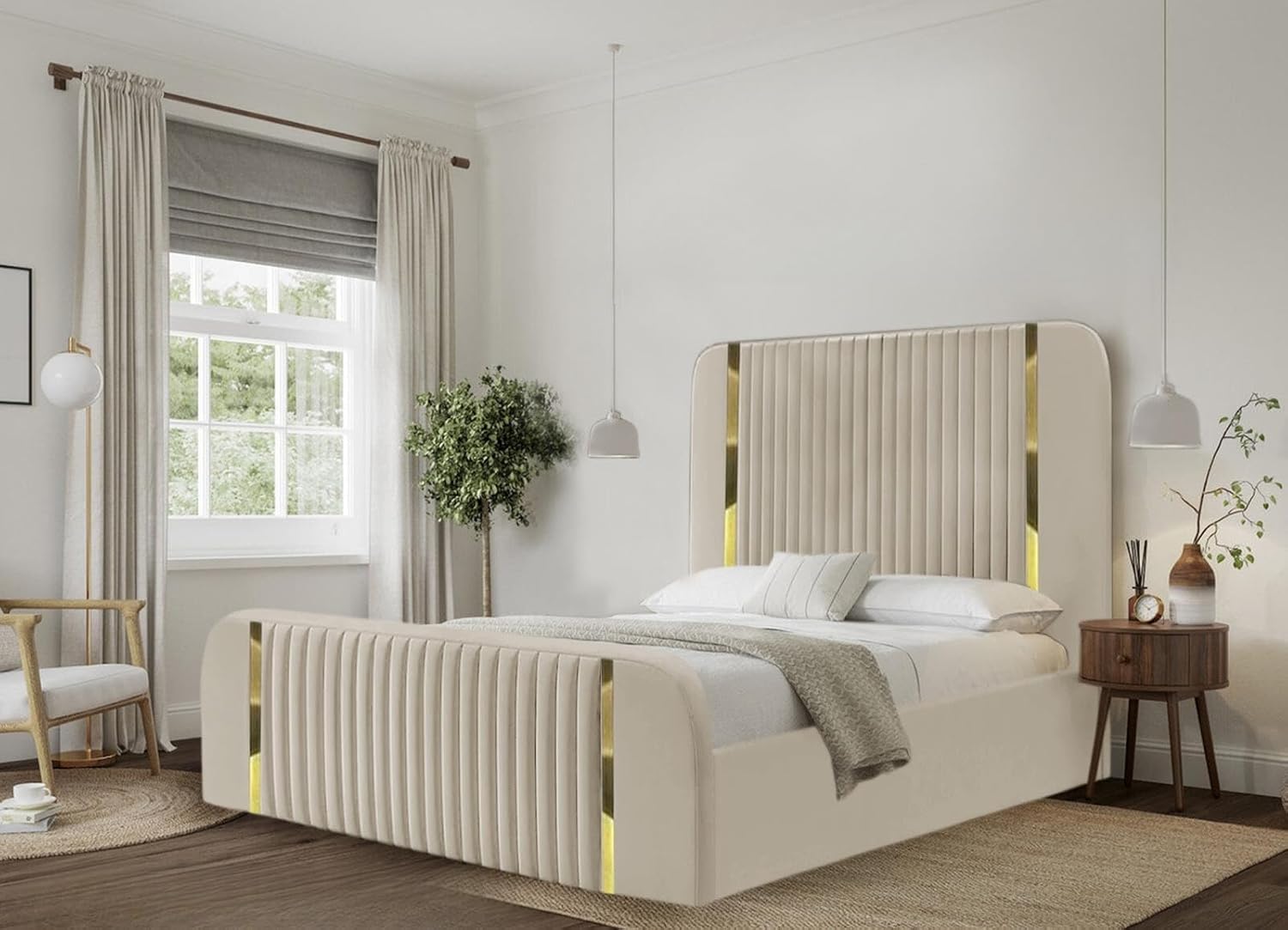 Aurum Crest Velvet Upholstered Bed with Gold Accents