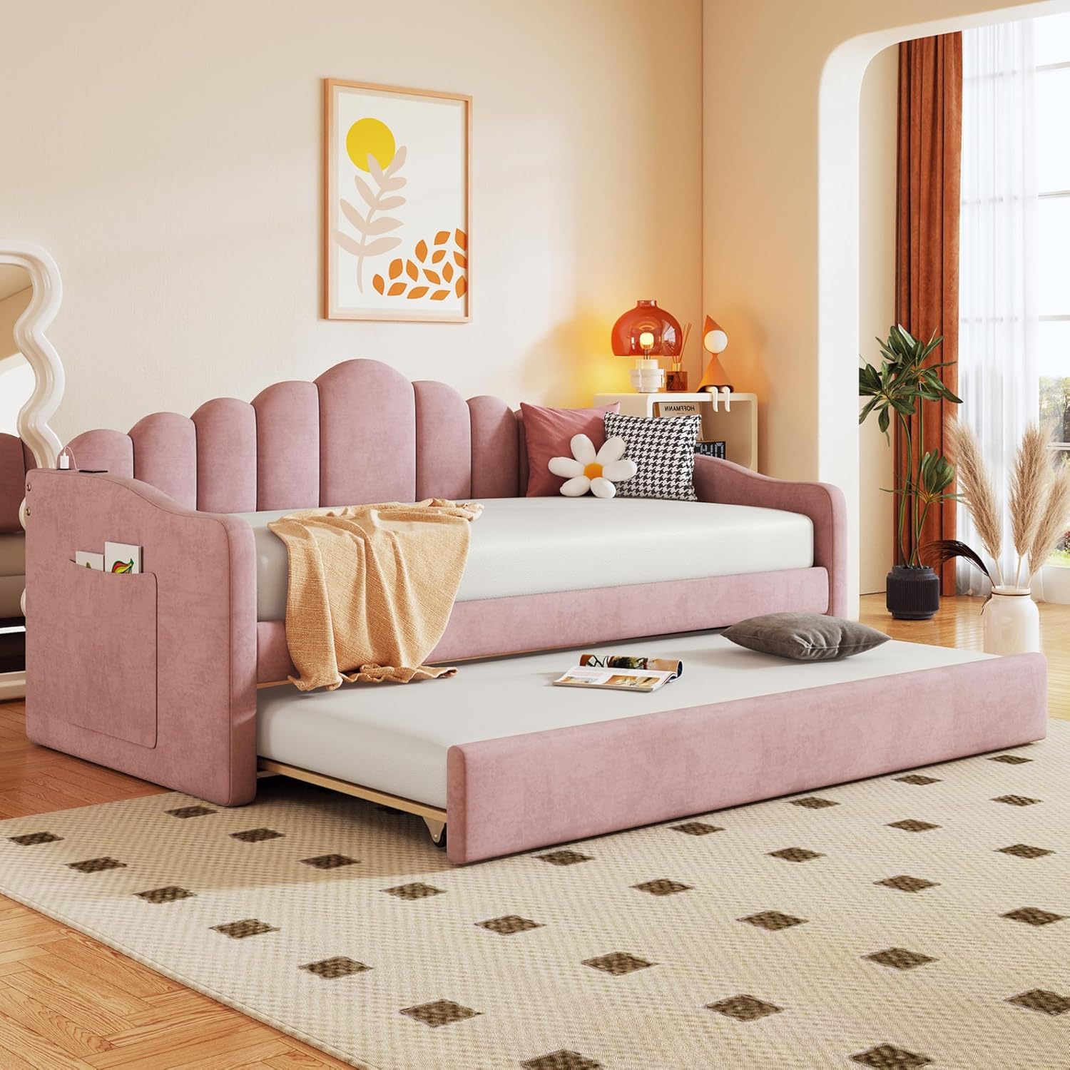 Camellia Pink Velvet Upholstered Trundle Bed