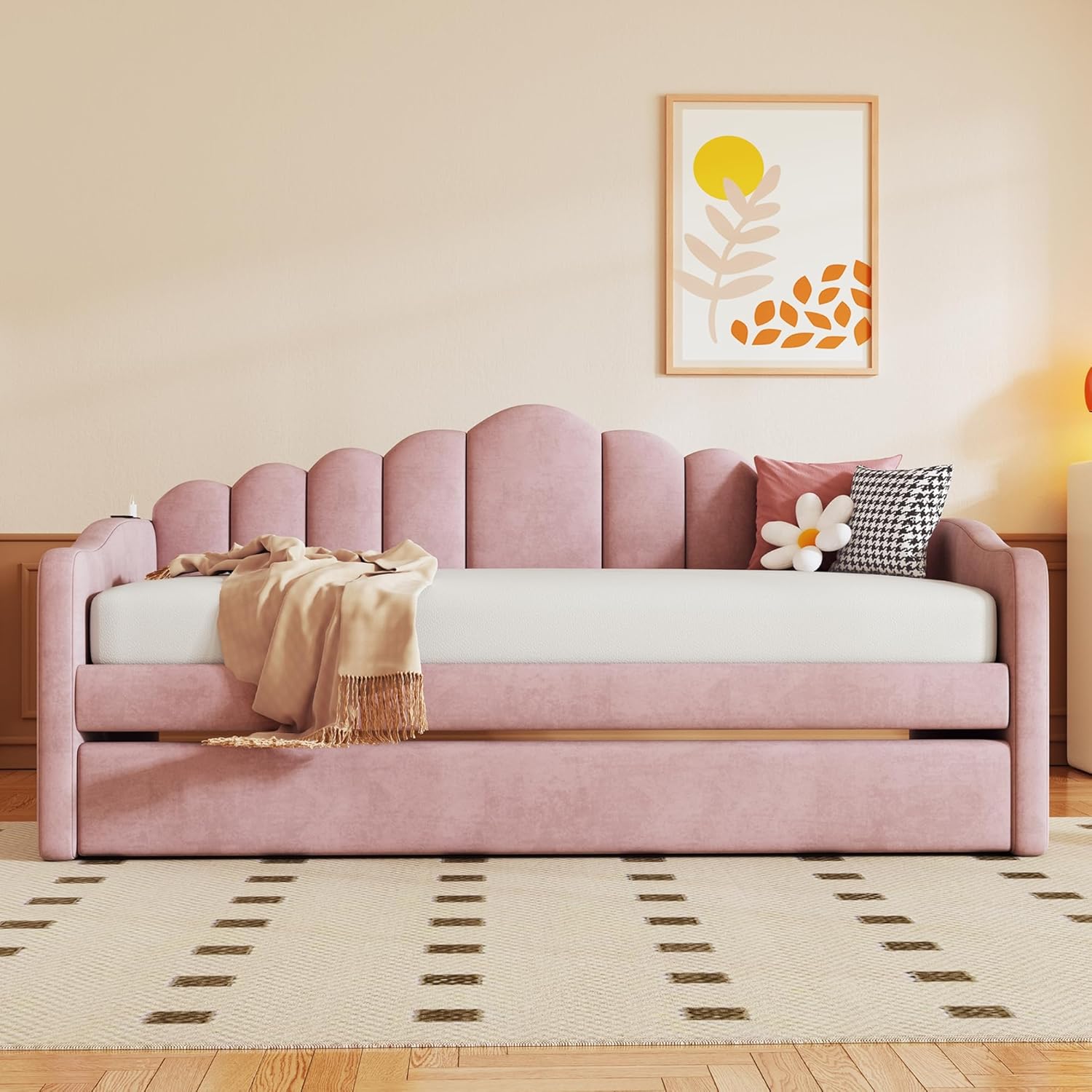 Camellia Pink Velvet Upholstered Trundle Bed