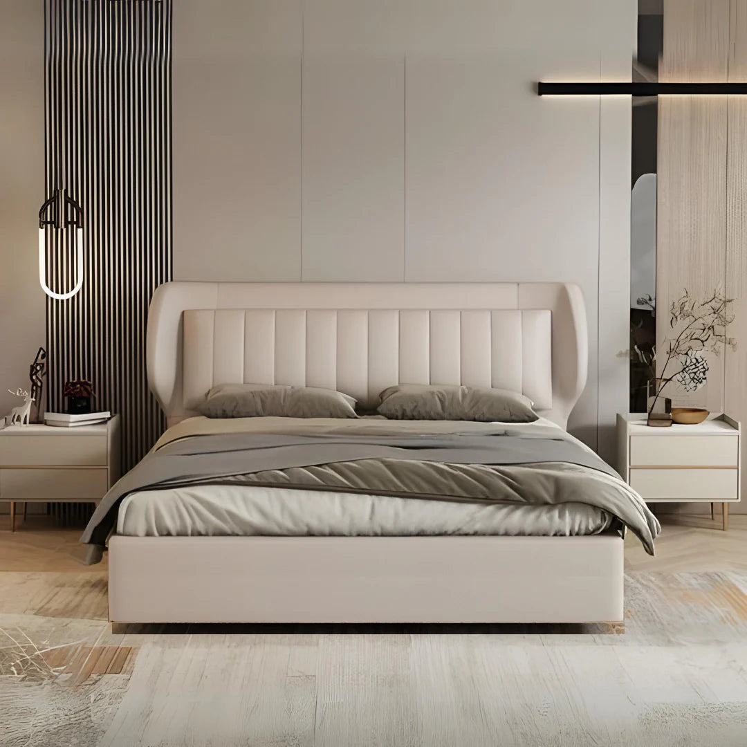 A bed with matress beige and white colour