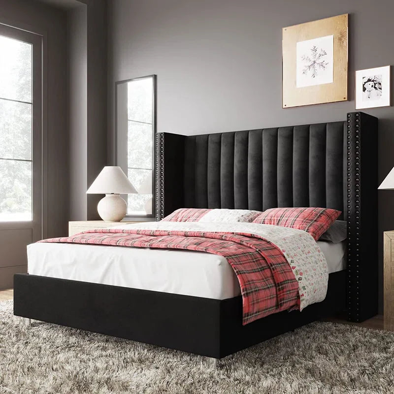 Obsidian Crest Wingback Upholstered Bed