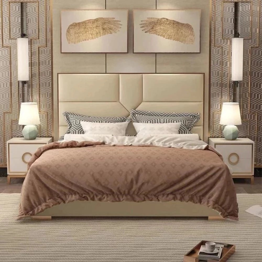 Ivory Upholstered Bed In Beige Suede