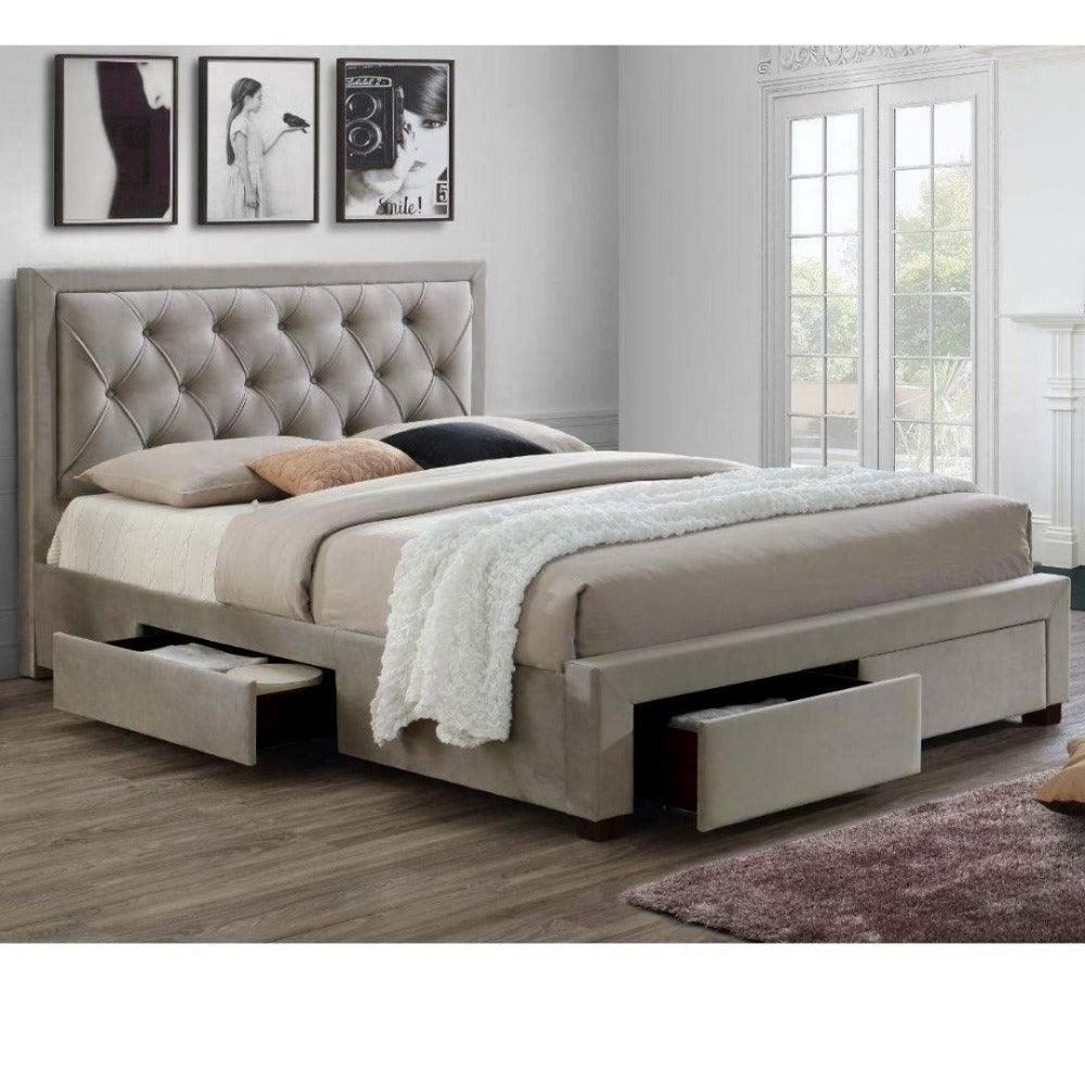 grey upholstered bed with drawer open