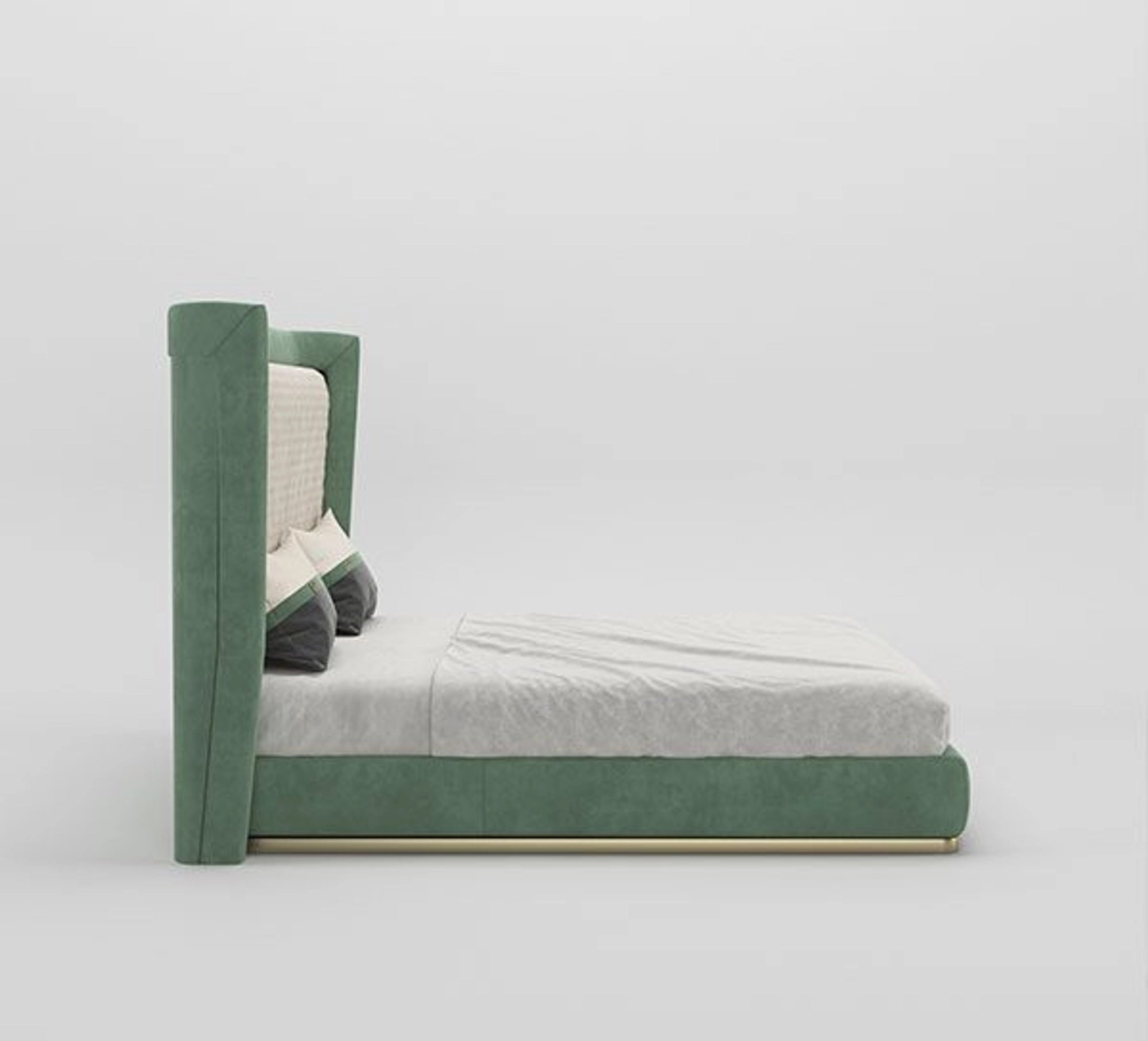 A bed with mattress green and white colour