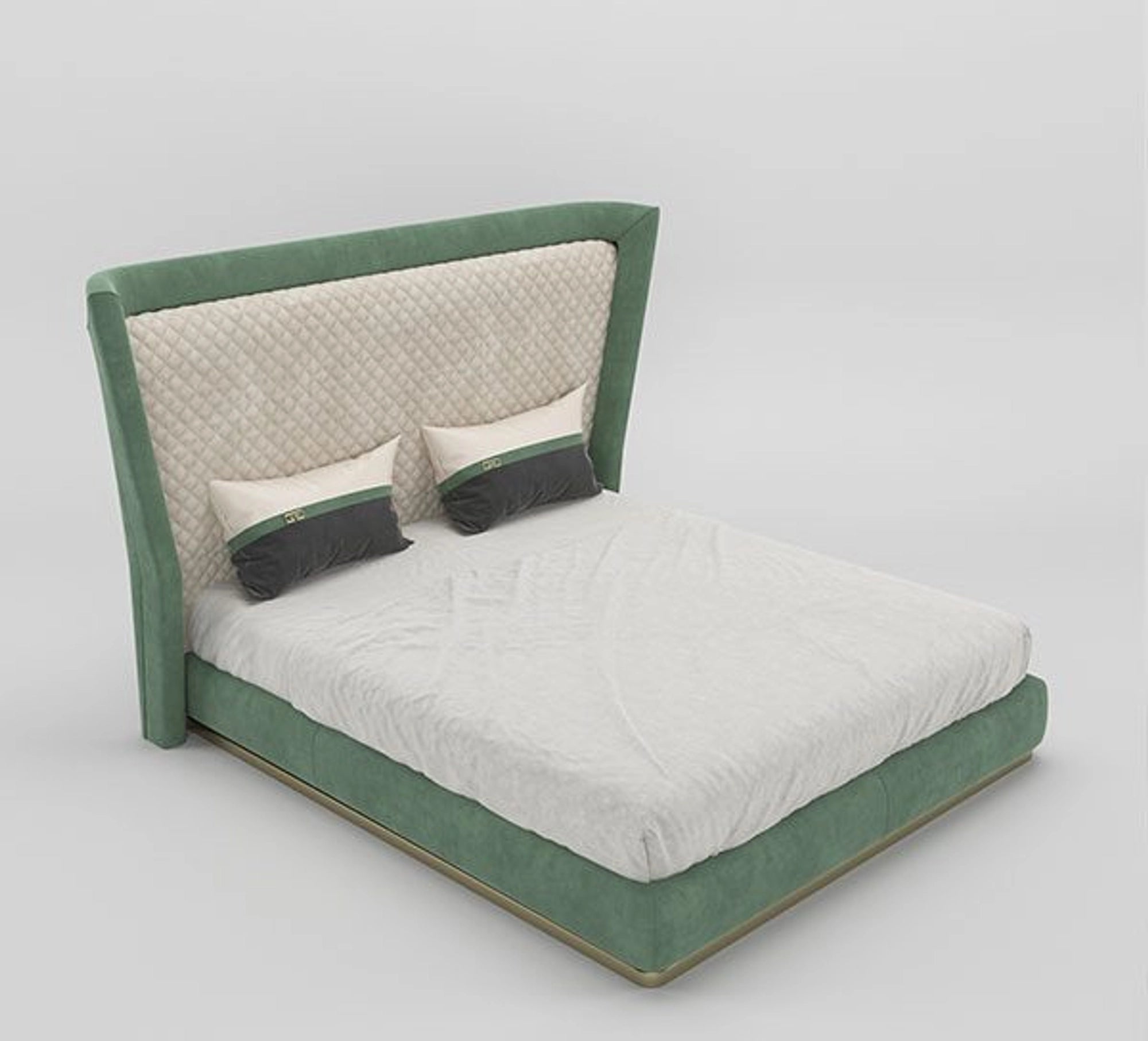 A bed with mattress green and white colour