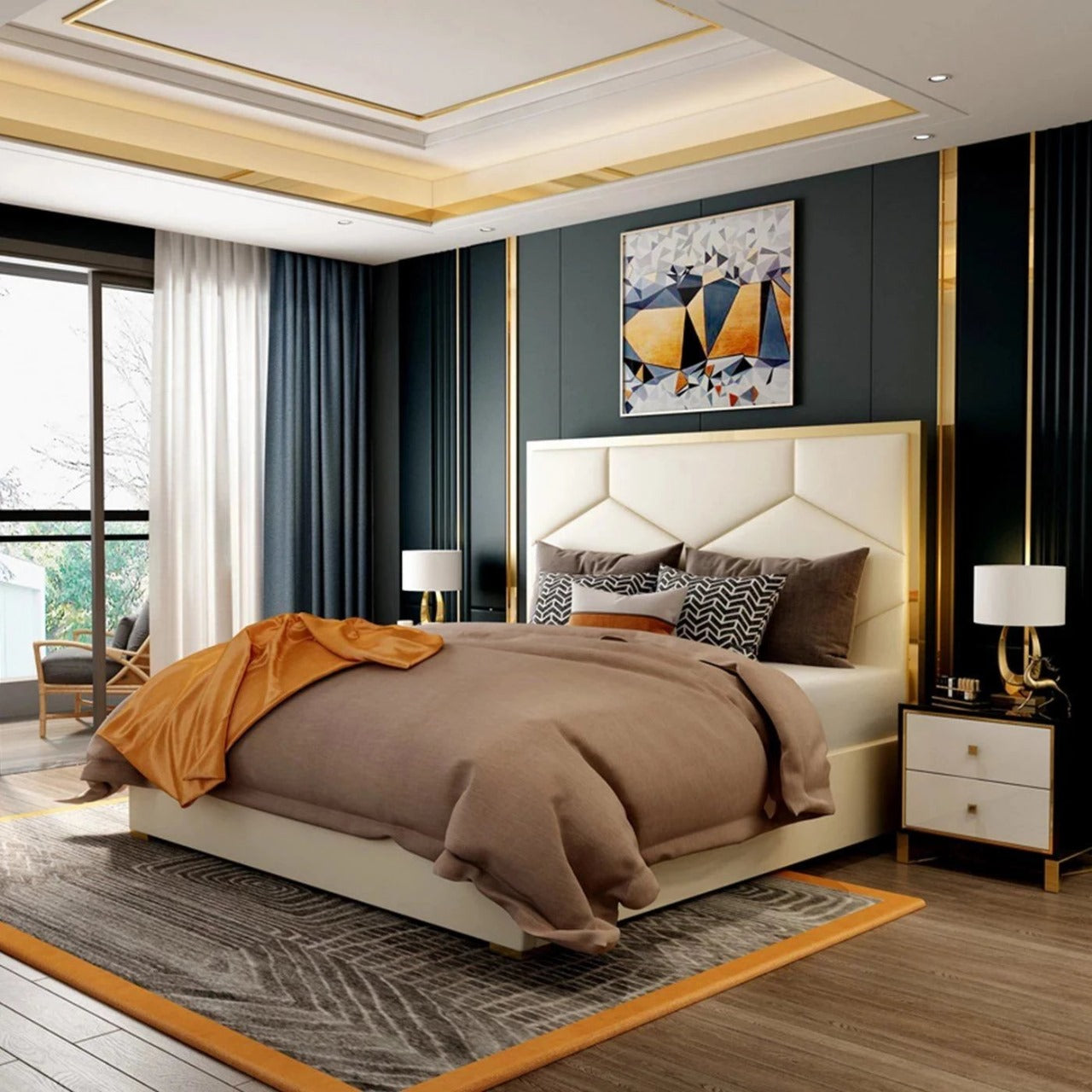 A bed with mattress beige colour