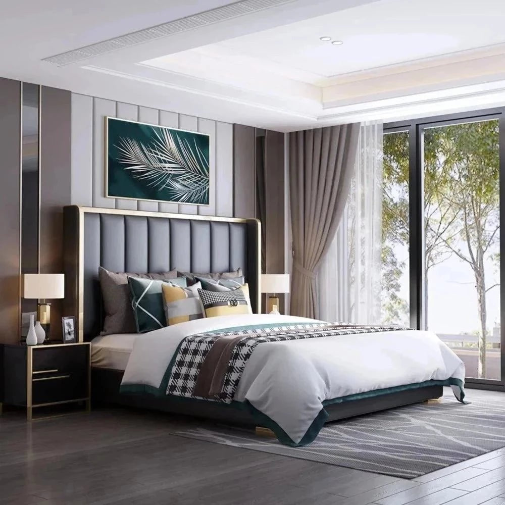 A bed with mattress black and gold colour