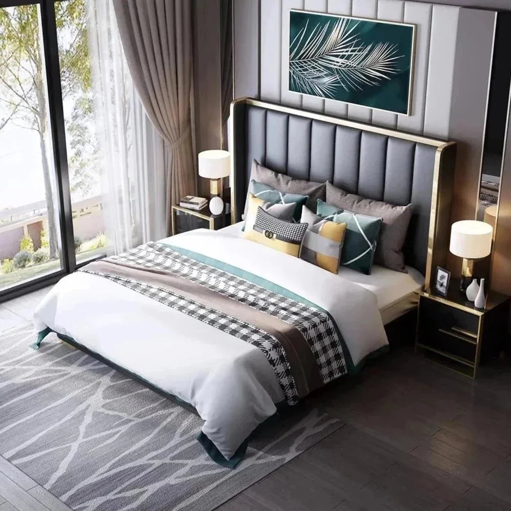 A bed with mattress navy blue and gold 