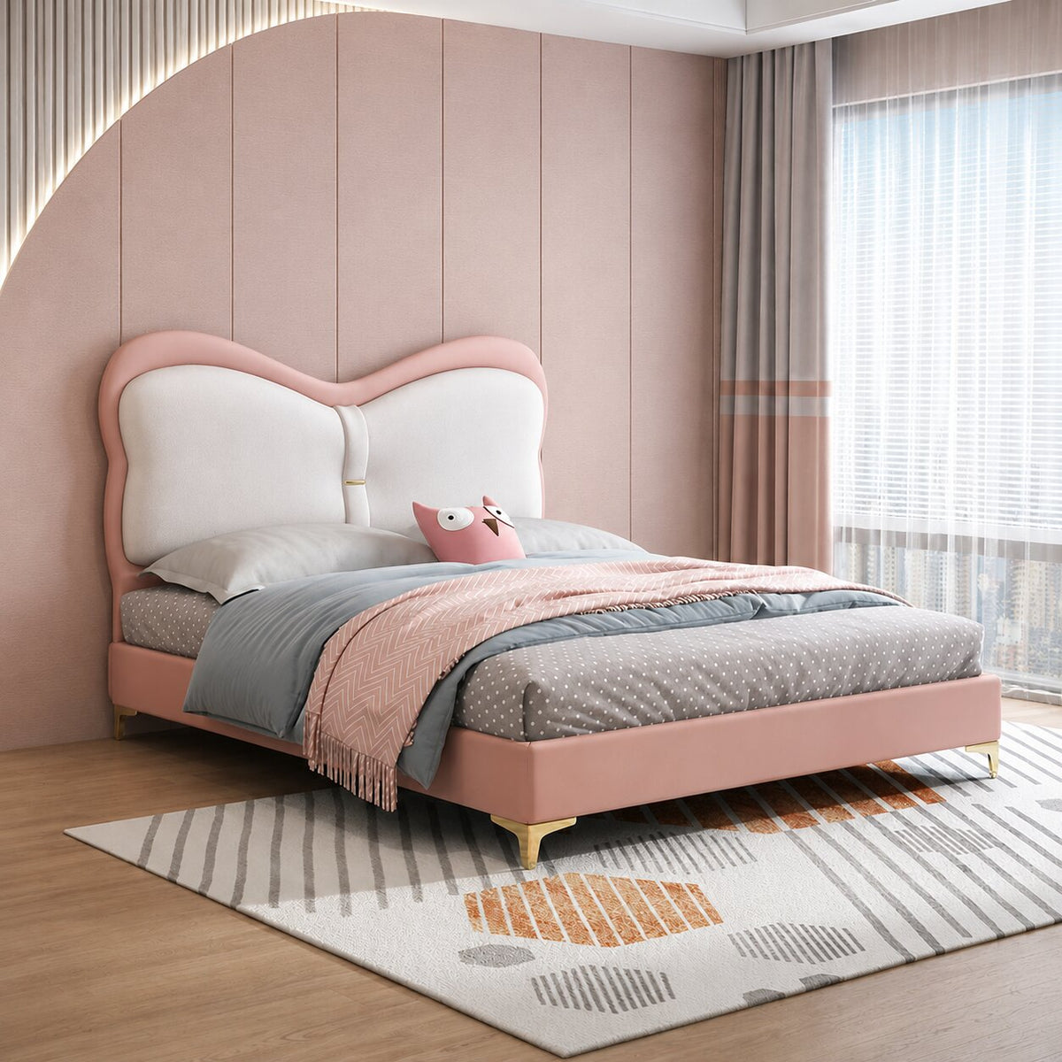 Blush Pink Kids Upholstered Bed In Leatherette
