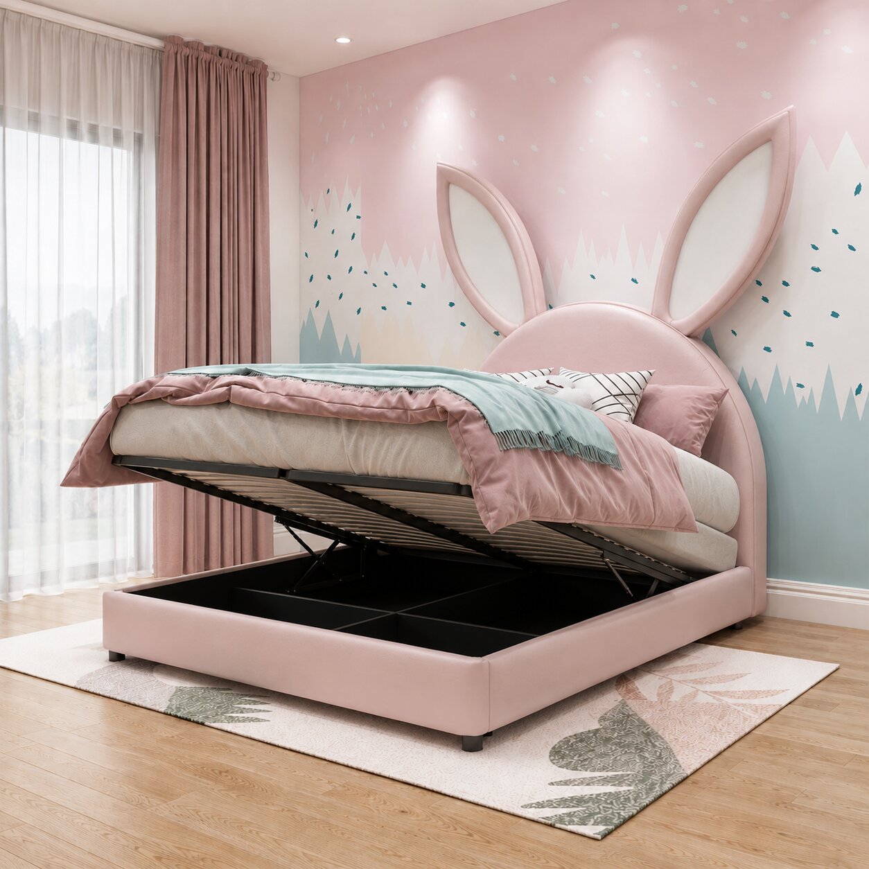 Bugs Bunny Upholstered Luxury Bed In Leatherette With Hydraulic Storage