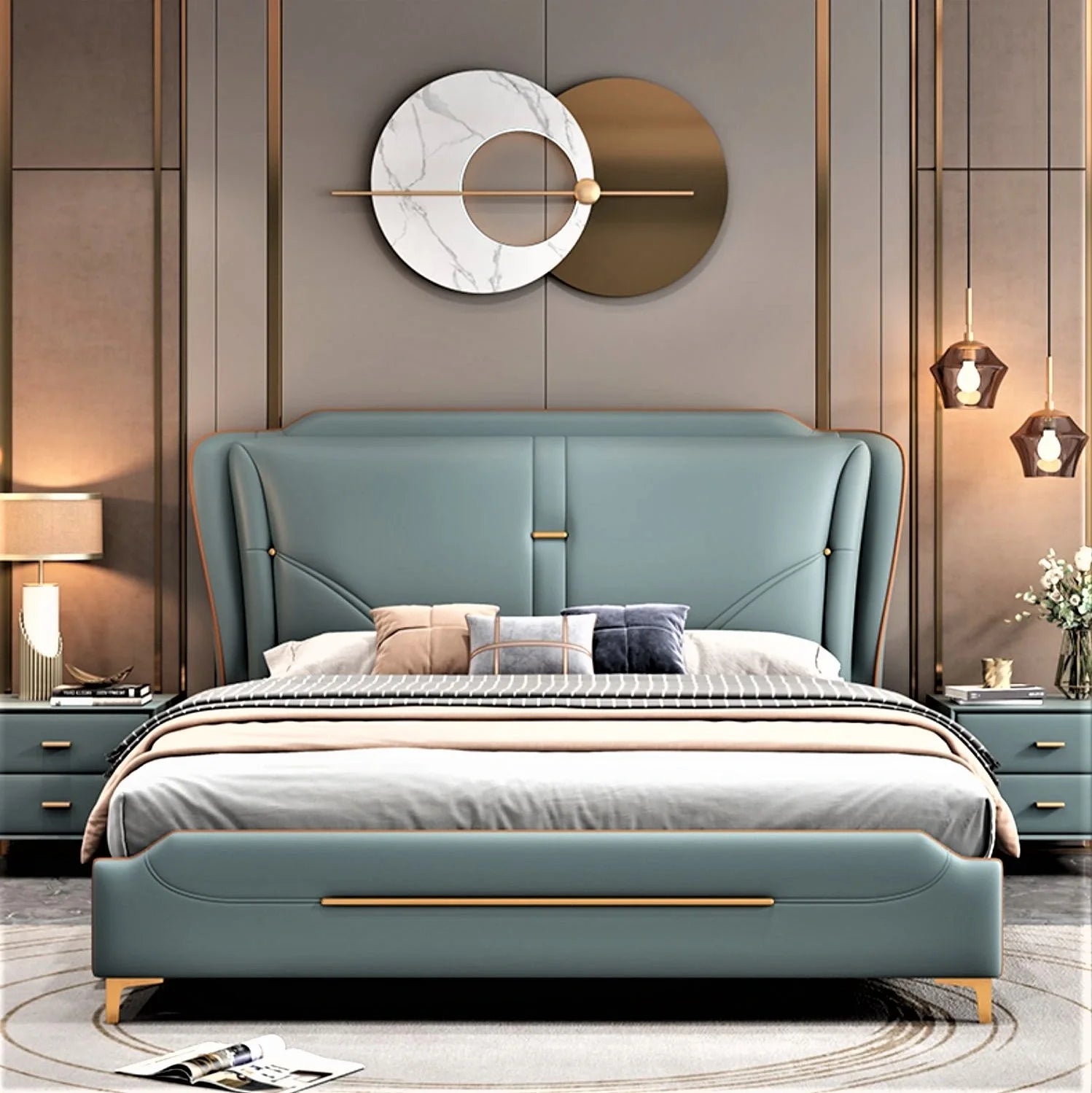 A bed with mattress blue colour