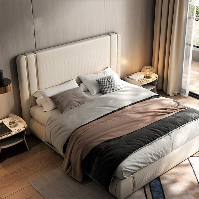 A bed with  mattress beige colour