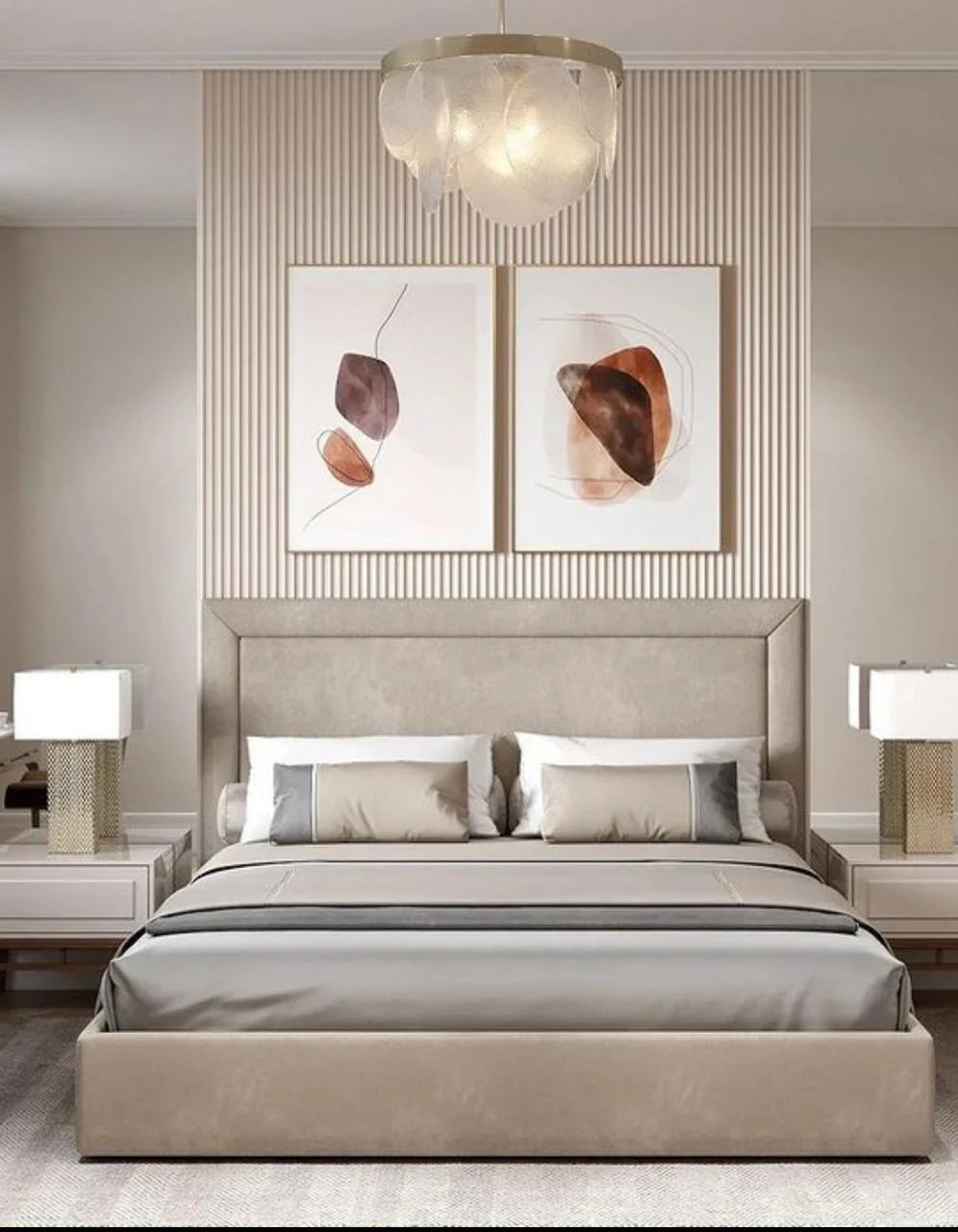 A bed with mattress dark cream colour