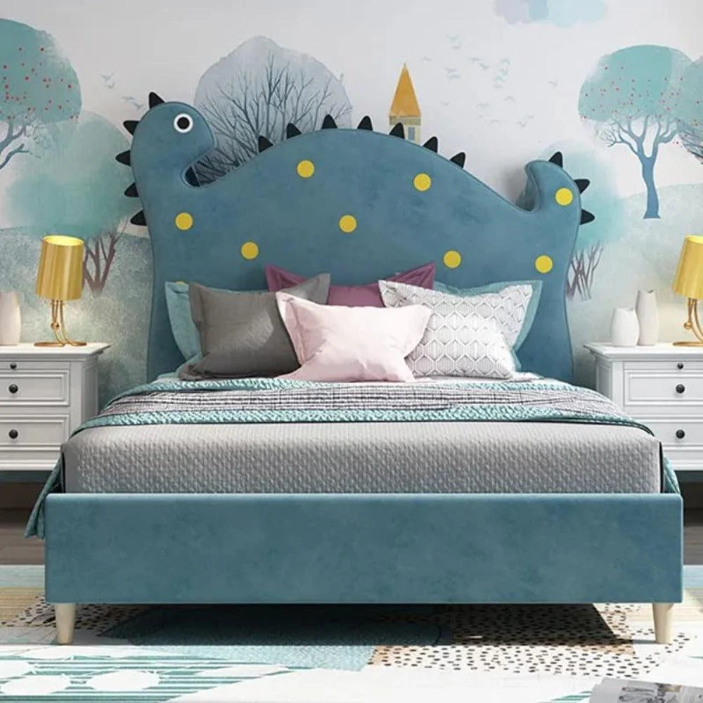 Dinosaur Upholstered Bed Without Storage in Blue Suede