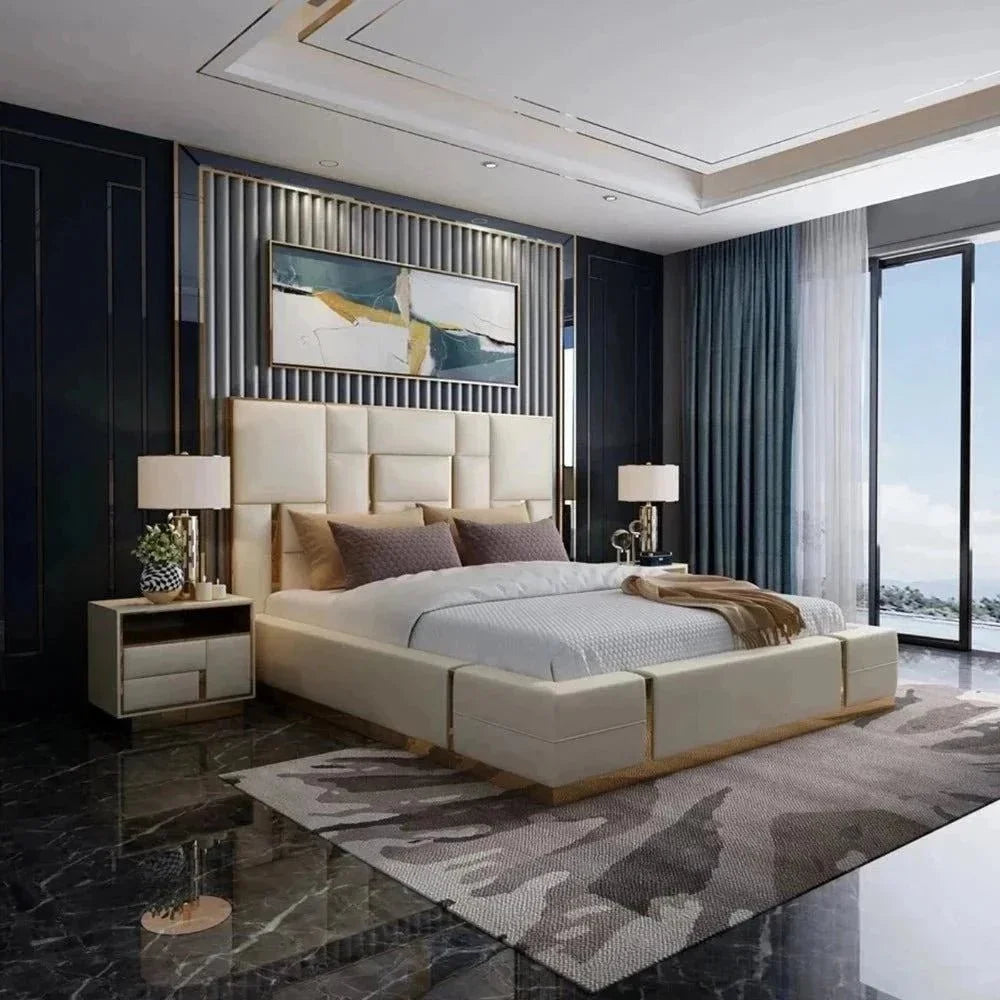 A bed with mattress beige colour
