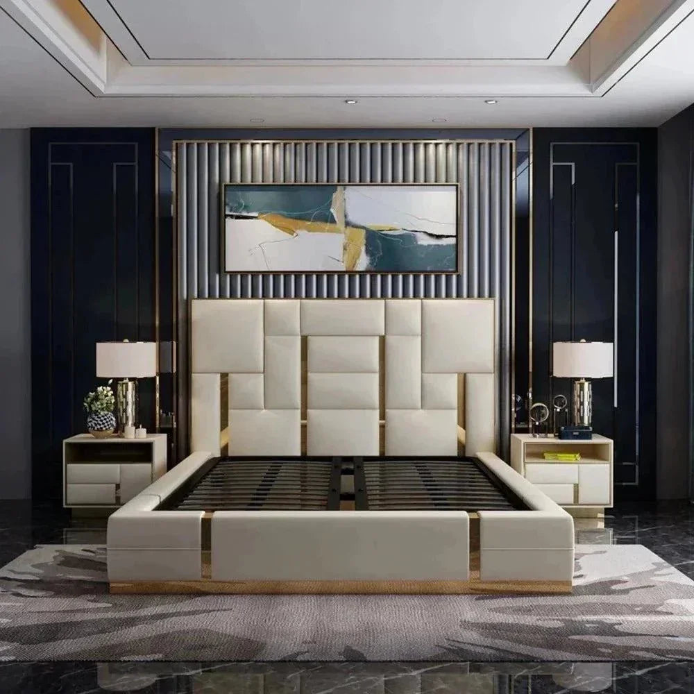A bed with mattress beige colour
