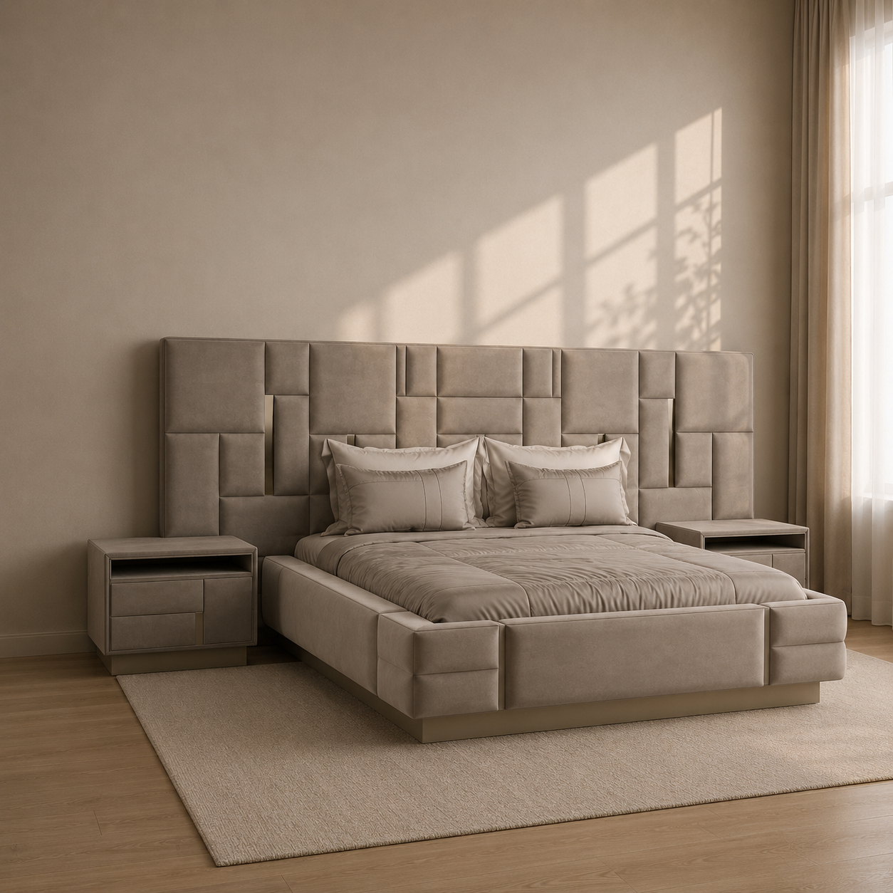 Eulo Luxury Upholstered Bed with side tables