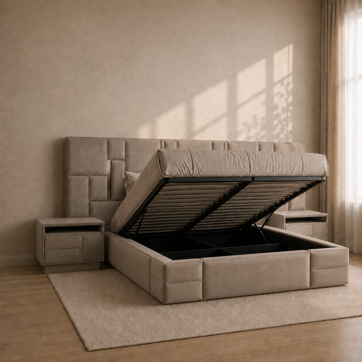 Eulo Luxury Upholstered Bed with side tables