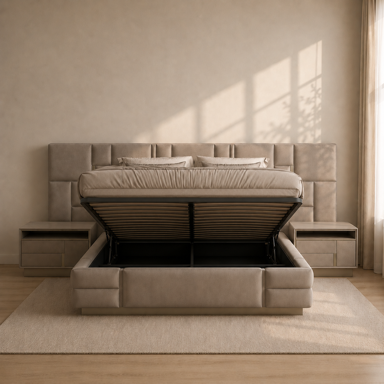 Eulo Luxury Upholstered Bed with side tables