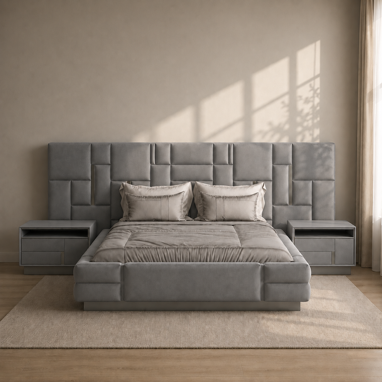 Eulo Luxury Upholstered Bed with side tables