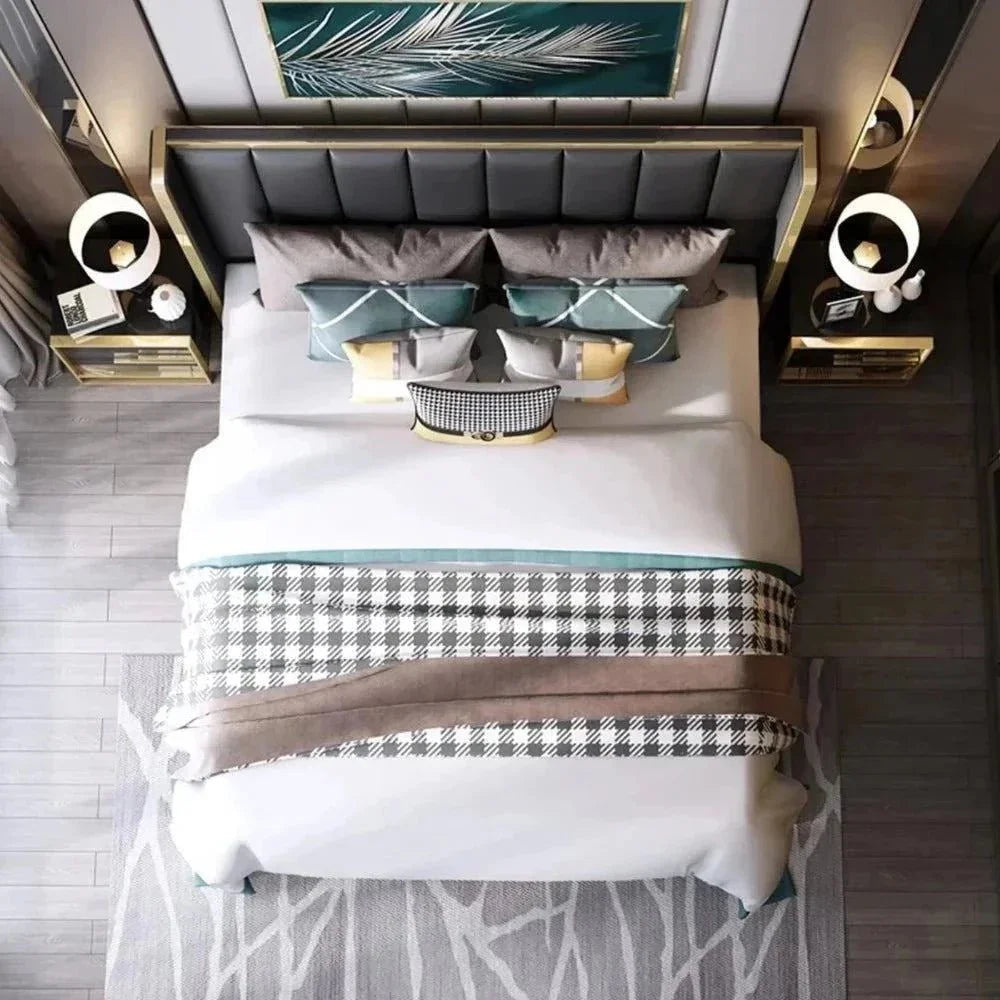 A bed with mattress black and gold colour