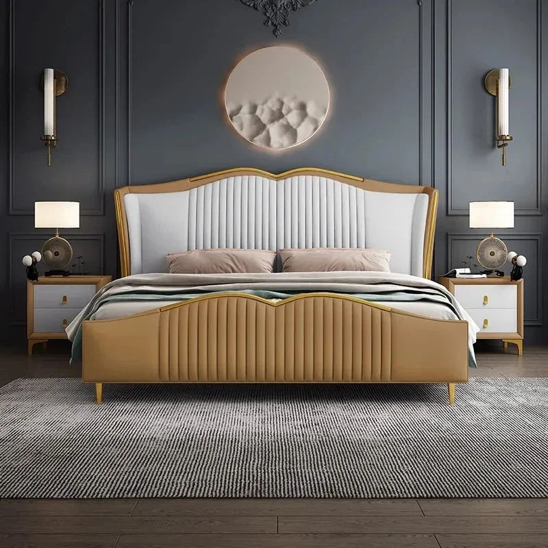 A bed with mattress gold colour