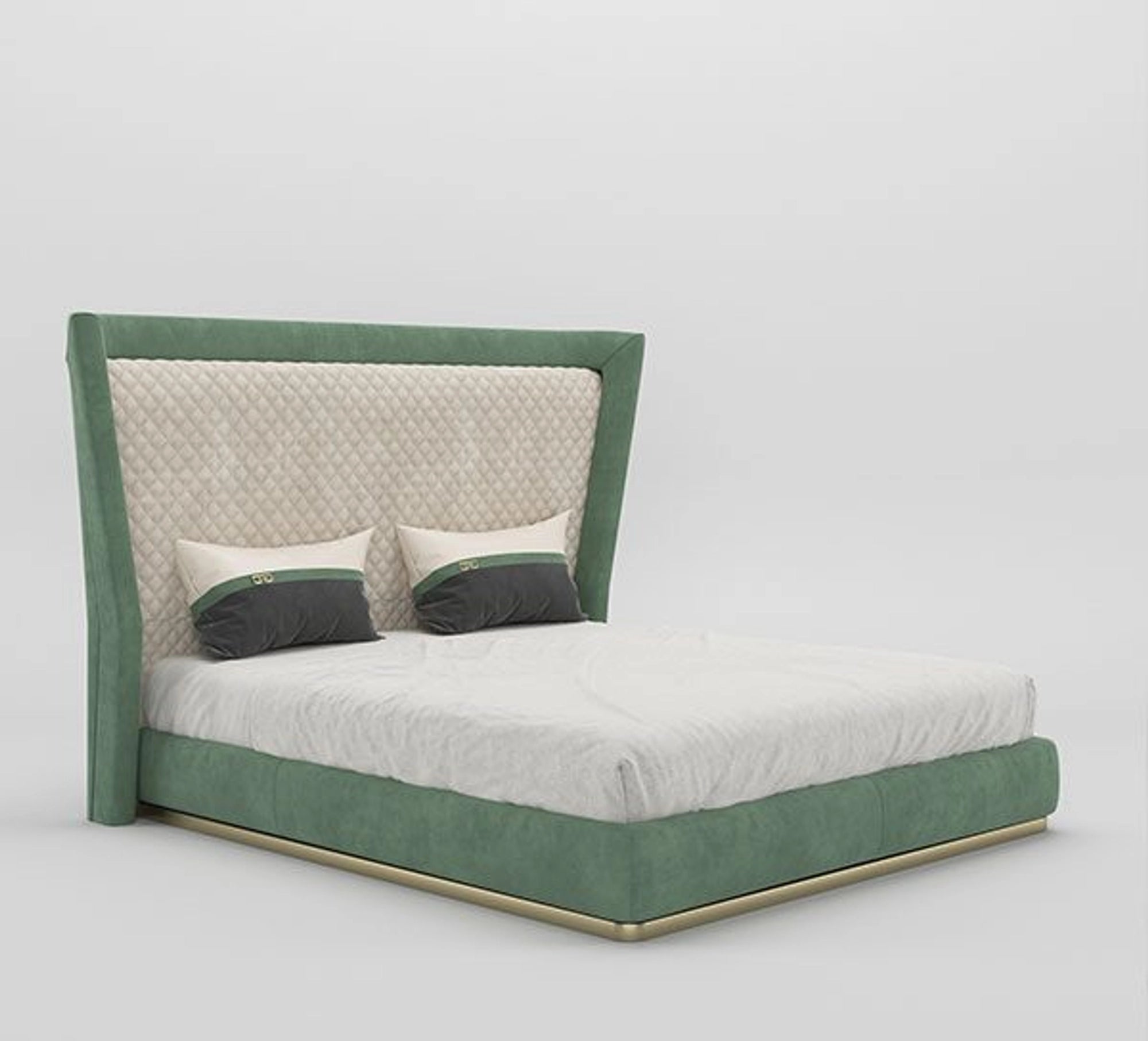 A bed with mattress green and white colour