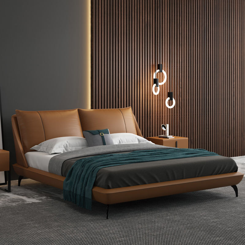 Modern bedroom with a brown leather