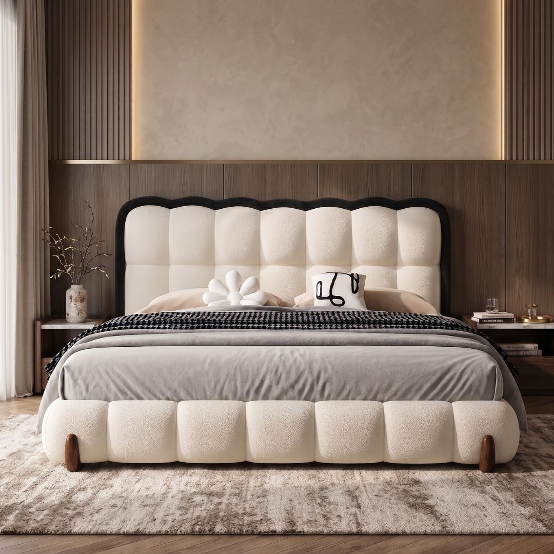 Hermes Cream Scallop Upholstered Bed In Boucle Fabric