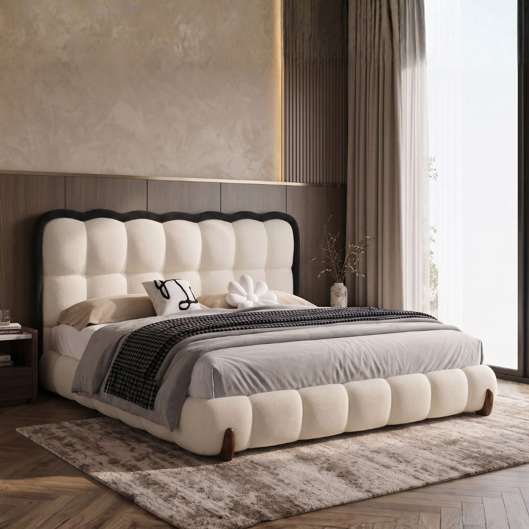 Hermes Cream Scallop Upholstered Bed In Boucle Fabric