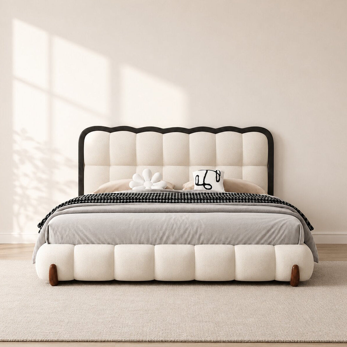 Hermes Cream Scallop Upholstered Bed In Boucle
