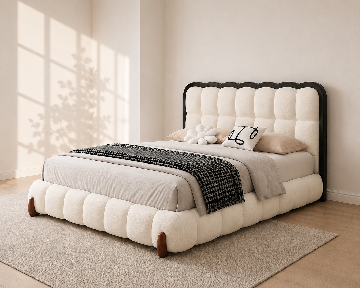 Hermes Cream Scallop Upholstered Bed In Boucle