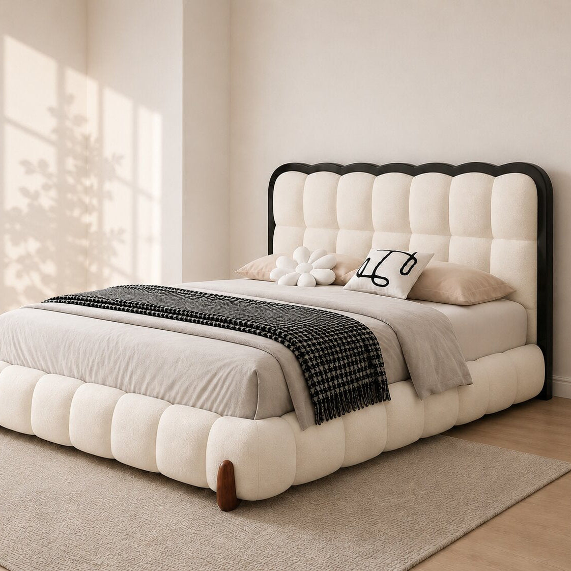 Hermes Cream Scallop Upholstered Bed In Boucle