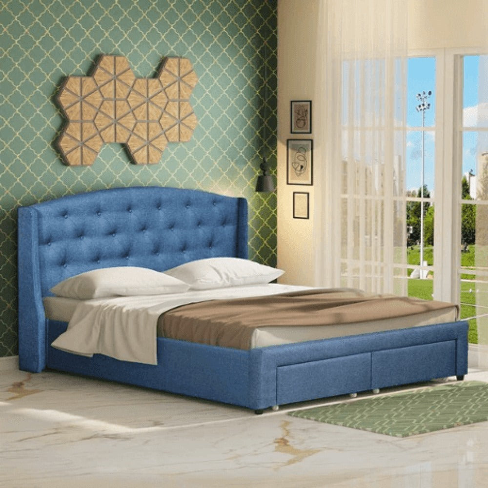 Roman Upholstered Bed with Drawer Storage in Blue Sue