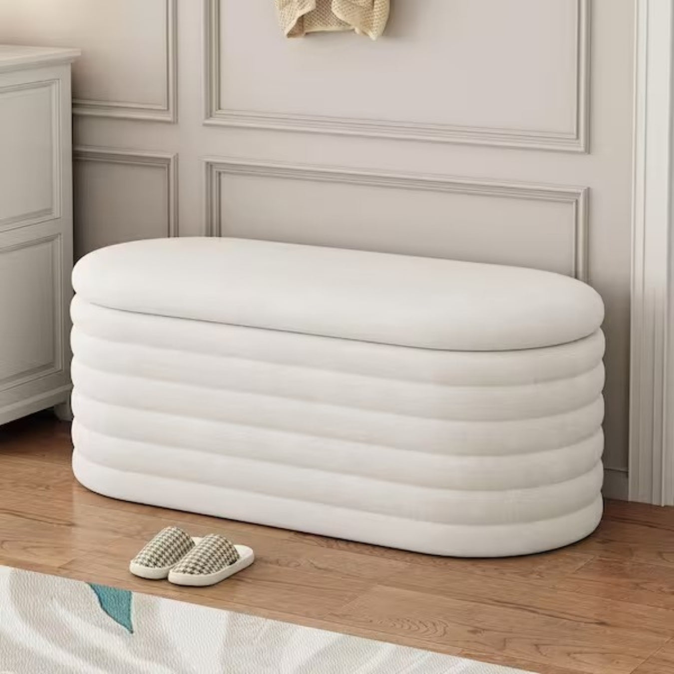 Ivory Wave White Chenille Storage Bedroom Bench In Boucle Fabric