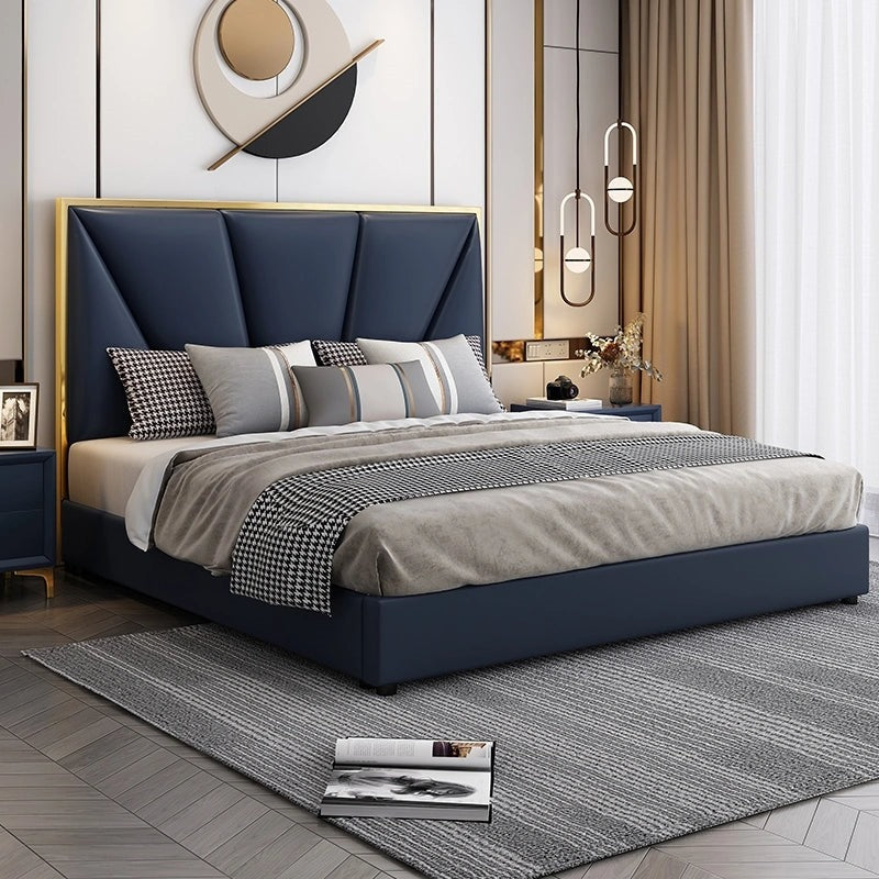 A bed with mattress navy blue colour
