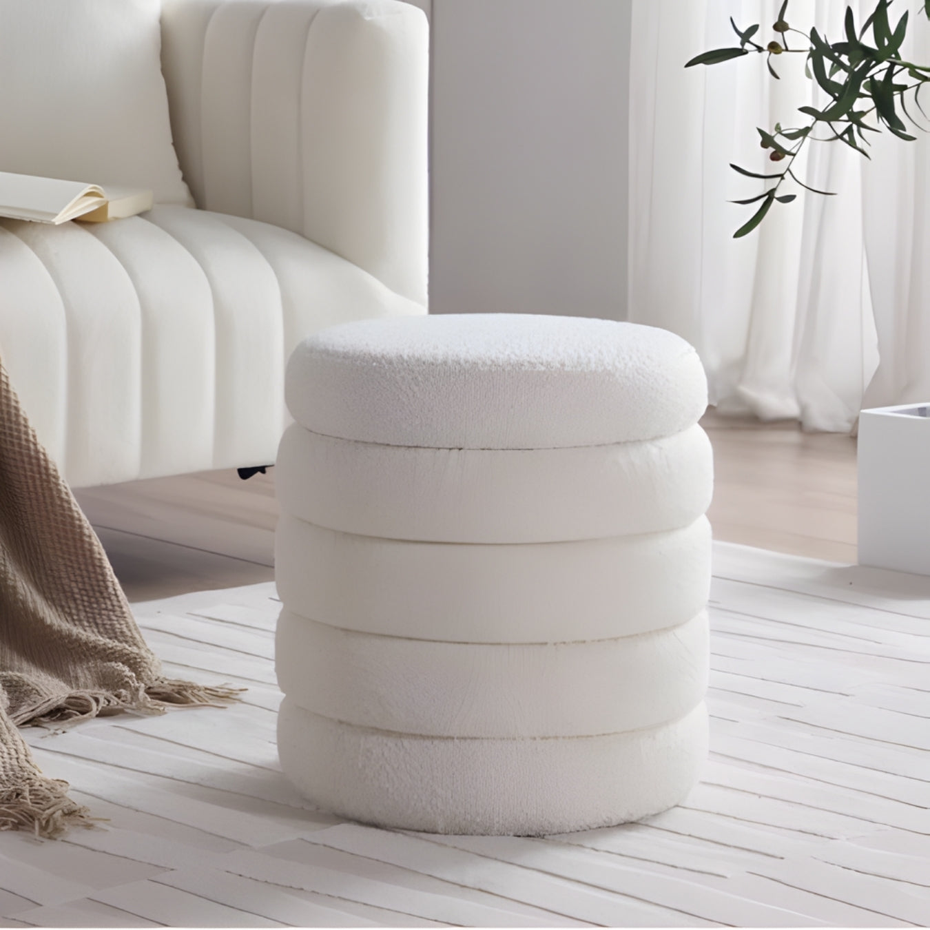 Maison Cloud Round Storage Ottoman in White Bouclé Fabric