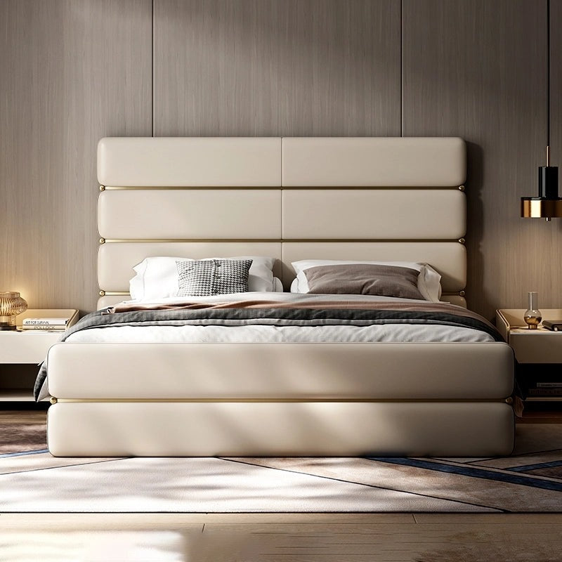A bed with mattress cream colour