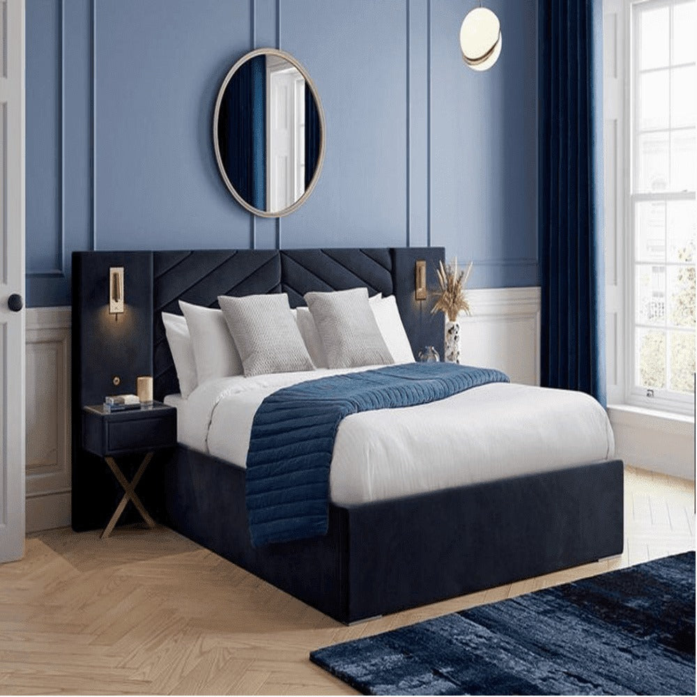 A bed with mattress navy blue colour