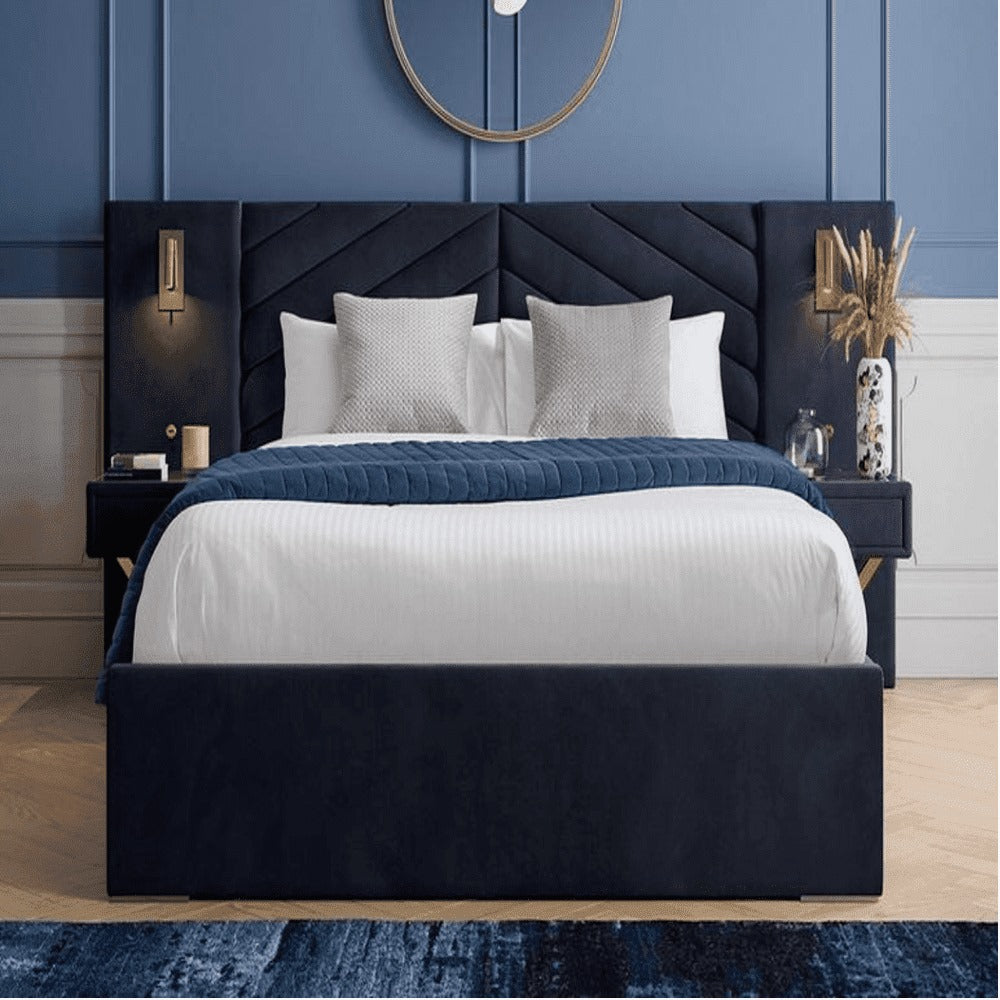 A bed with mattress navy blue colour