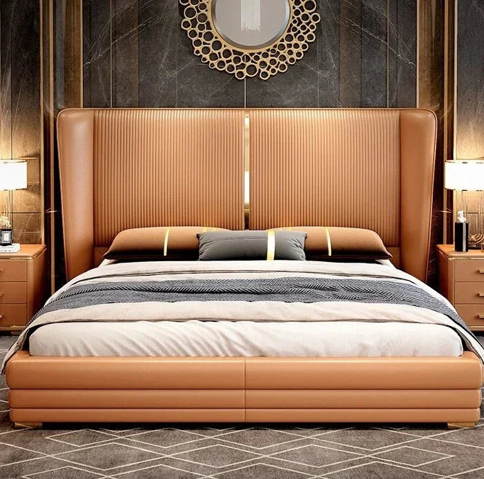 A bed with mattress orange colour